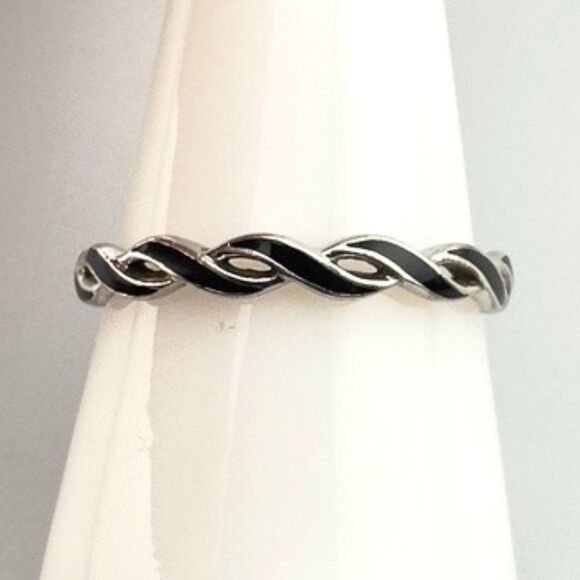 Stackable Woven Black Enamel Eternity Ring Sterling Silver925  Band Sz 10 - Picture 2 of 6